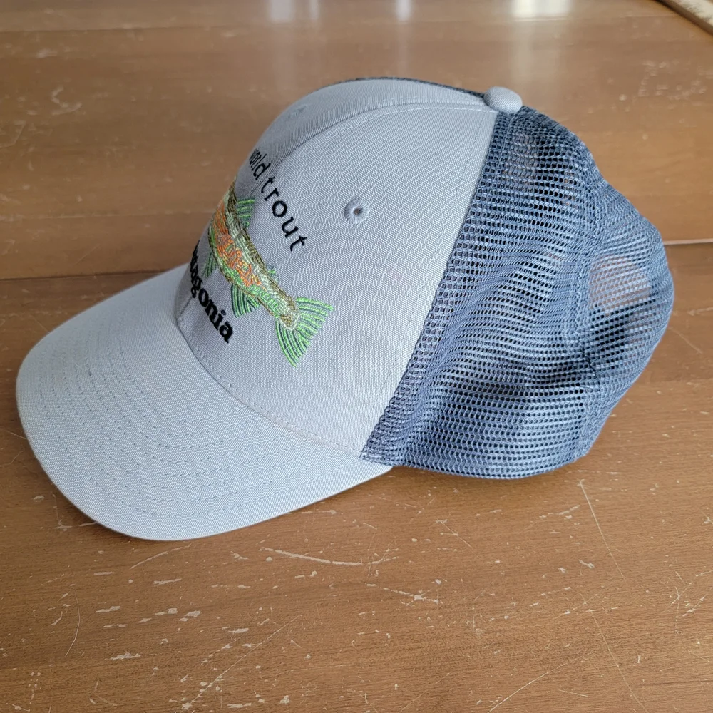 Patagonia World Trout Fishstitch Trucker Hat  Gray EUC